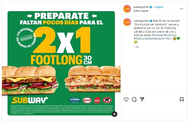 Subway anuncia su promo para el Día de Sándwich en Instagram