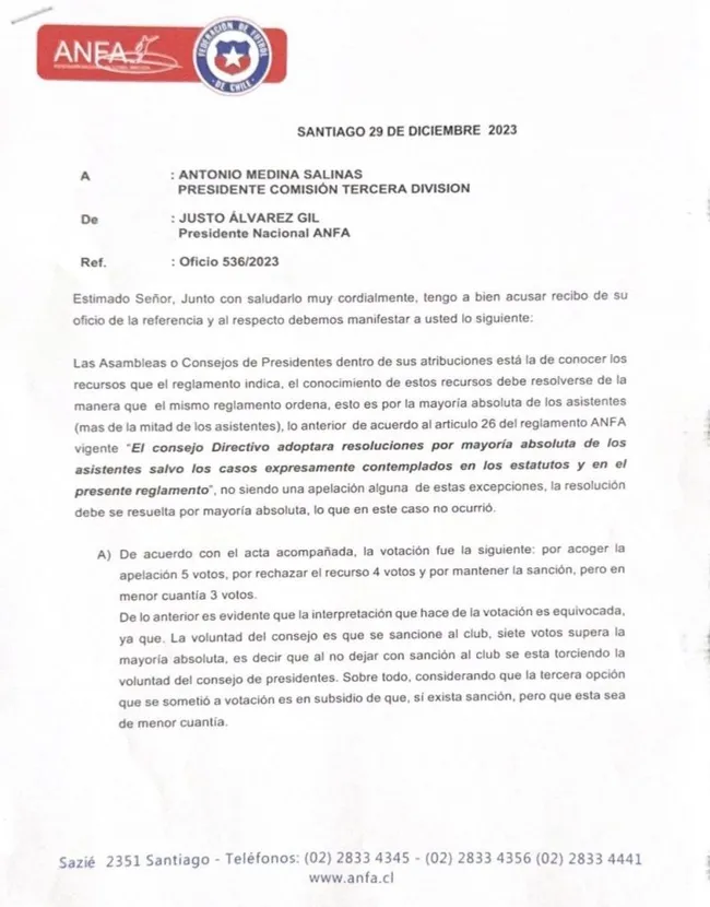 El documento de la ANFP que absuelve a Santiago City.