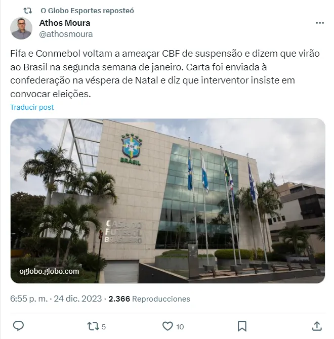 La información sobre la amenaza de FIFA a Brasil (@OGlobo_Esportes)