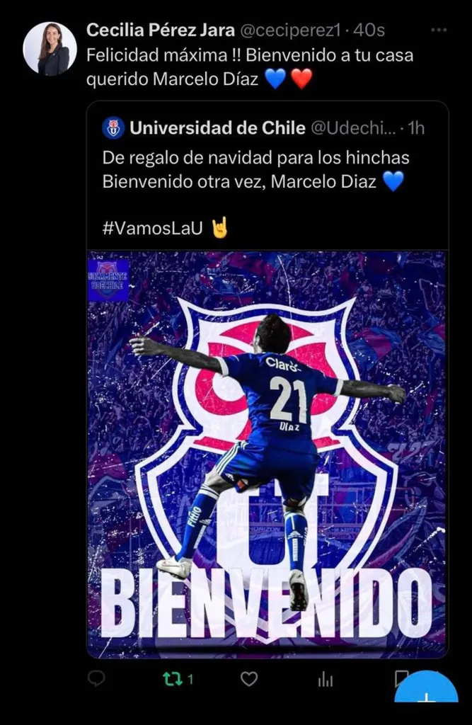 Este fue el primer mensaje de Cecilia Pérez con el que arruinó la sorpresa de Navidad con el regreso de Marcelo Díaz a la U. Foto: Twitter.