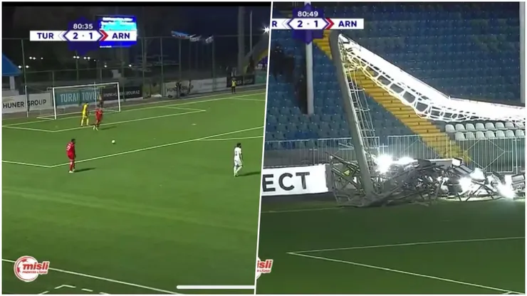 Pánico: torre de iluminación cae en pleno partido en Azerbaiyán