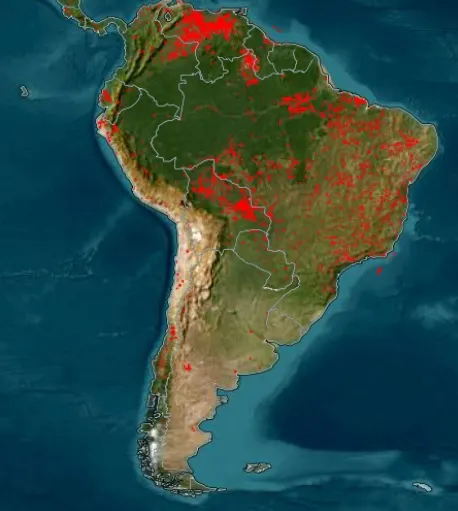 Mapa de incendios activos en Sudamérica
