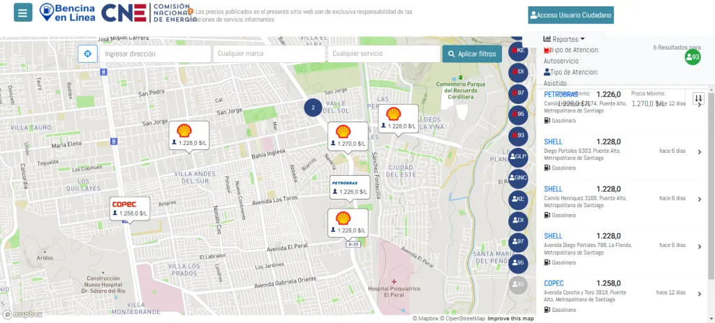 Revisa las&nbsp;gasolineras más económicas de tu sector en Bencinaenlinea.cl de la CNE.
