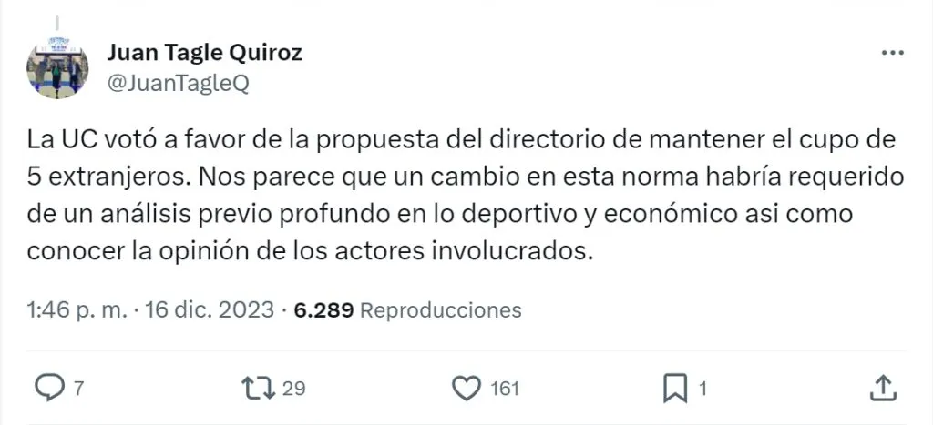 La opinión del presidente de la UC por votación del Consejo de Presidentes (@JuanTagleQ)