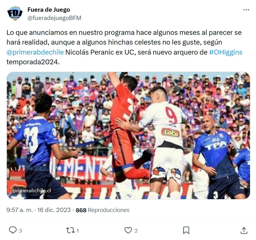 La información sobre el futuro de Nicolás Peranic (@fueradejuegoBFM)