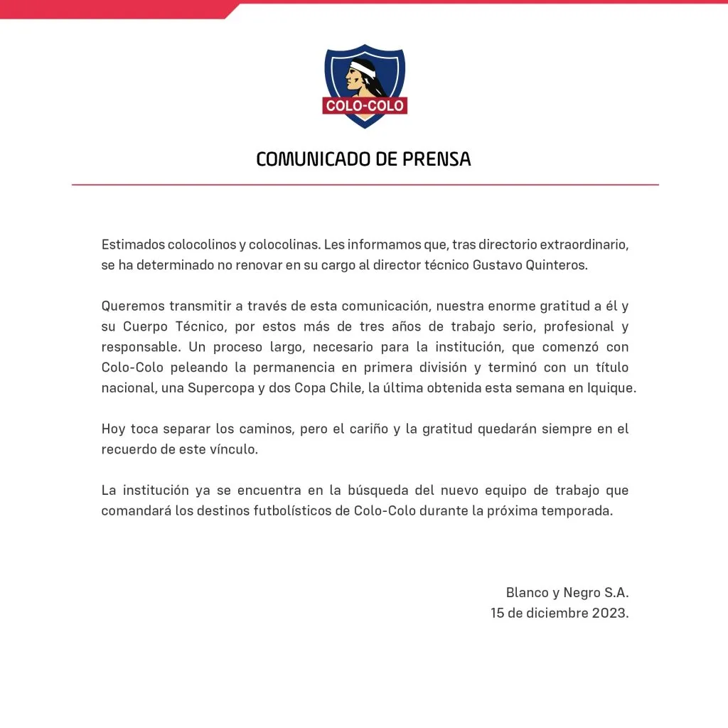 El comunicado de Colo Colo despidiendo a Quinteros