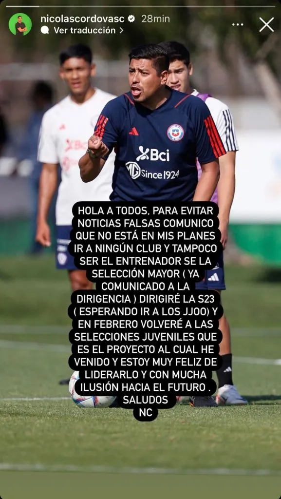 Nicolás Córdova descartó dirigir un club o la selección chilena adulta luego del Preolímpico | Instagram