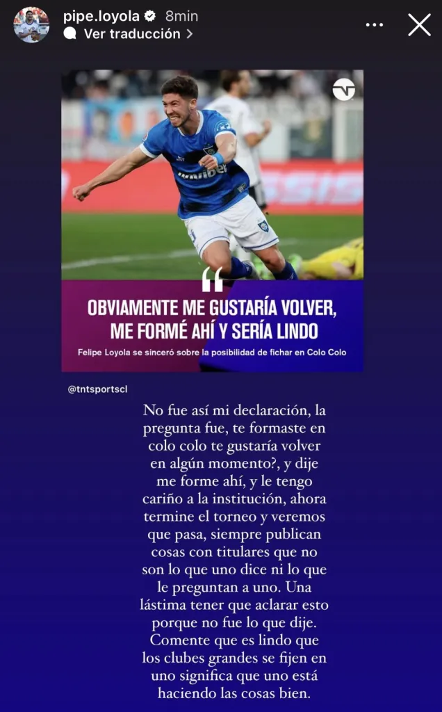 Felipe Loyola se descandidateó para Colo Colo 2024. | Foto: Captura Instagram pipe.loyola