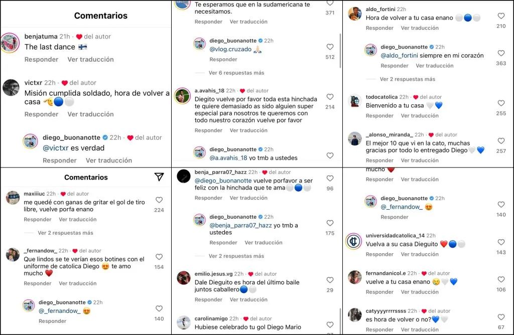 Los comentarios de los hinchas likeados por Buonanotte. | Captura