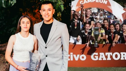 Carlos Muñoz junto a su hija Catalina en la Gala del Fútbol Femenino, donde la delantera de 13 años se ganó el premio a mejor jugadora del formativo. Pocos días después se coronó bicampeona con Colo Colo.
