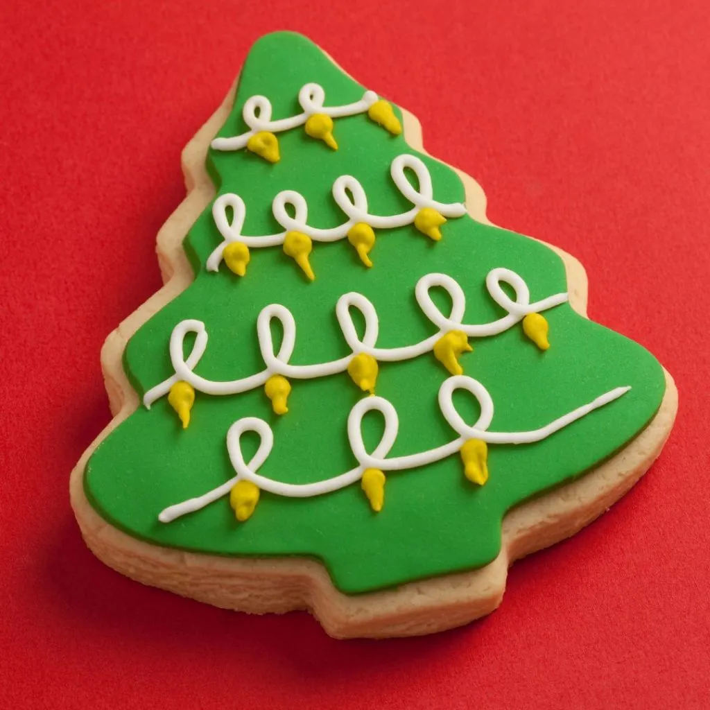 Galleta de árbol de Navidad decorado con un glaseado verde, blanco y amarillo.