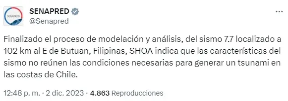 SHOA descarta tsunamo en Chile mediante las redes sociales de Senapred