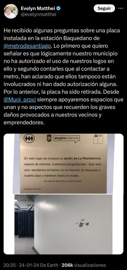 Captura de la publicación de la alcaldesa Evelyn Matthei en su cuenta de X (antiguo Twitter)