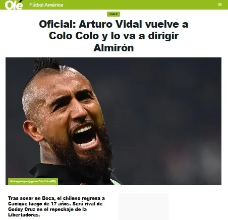 Olé en Argentina reaccionó a la vuelta de Arturo Vidal a Colo Colo. | Foto: Captura. 