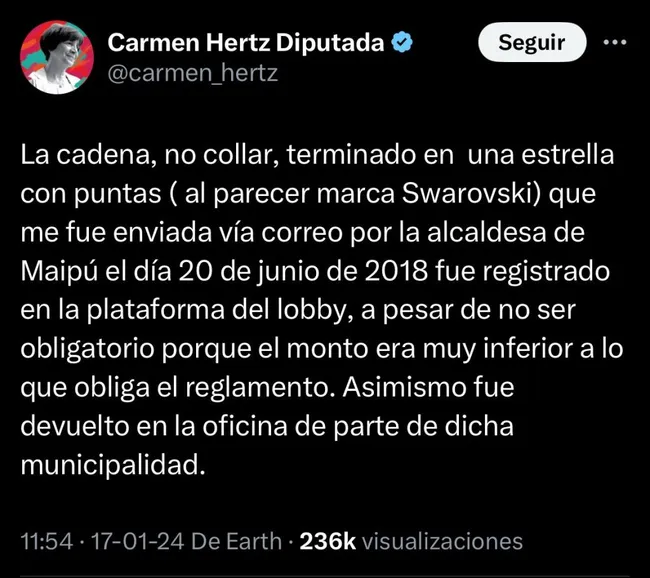 Publicación de la diputada Carmen Hertz en su cuenta de X.
