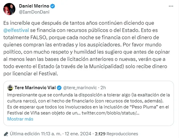 Captura de la publicación de Daniel Merino en su cuenta de X