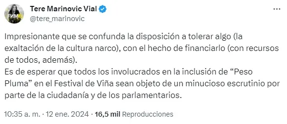 Captura de la publicación de Teresa Marinovic en su cuenta de X
