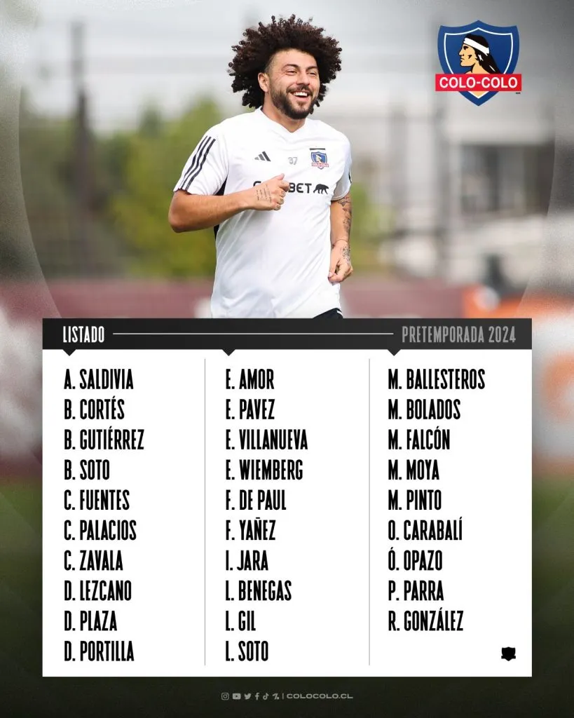 Los 29 albos que viajan a Uruguay para la pretemporada 2024. | Foto: Colo Colo.
