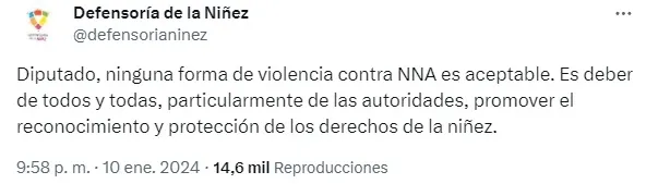 Captura de la respuesta de la Defensoría de la Niñez a publicación de diputado Mauricio Ojeda en X.