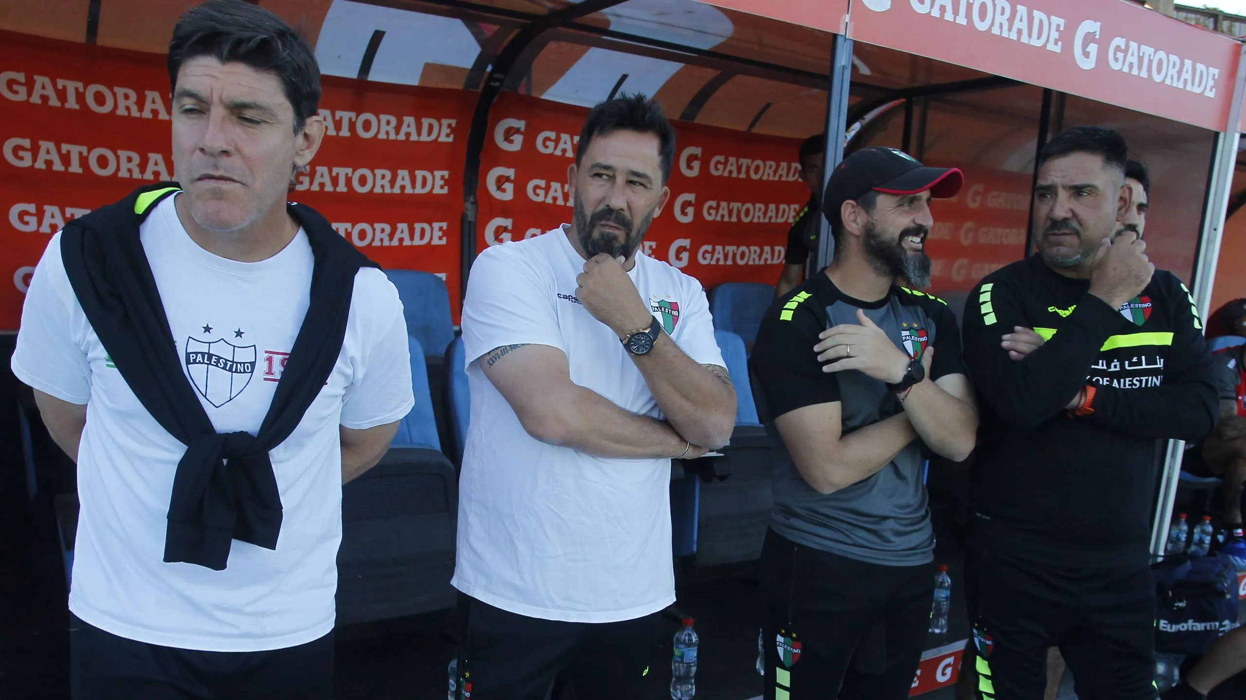 Pablo Vitamina Sánchez y el cuerpo técnico de Palestino durante 2023 (Photosport)