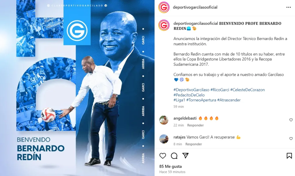 La gráfica de bienvenida a Bernardo Redín. (Foto: Real Garcilaso).