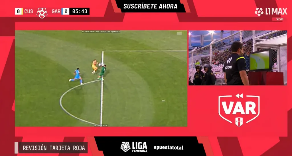 Una mano fuera del área condenó a la expulsión al meta Diego Penny. (Captura Liga 1 Play).