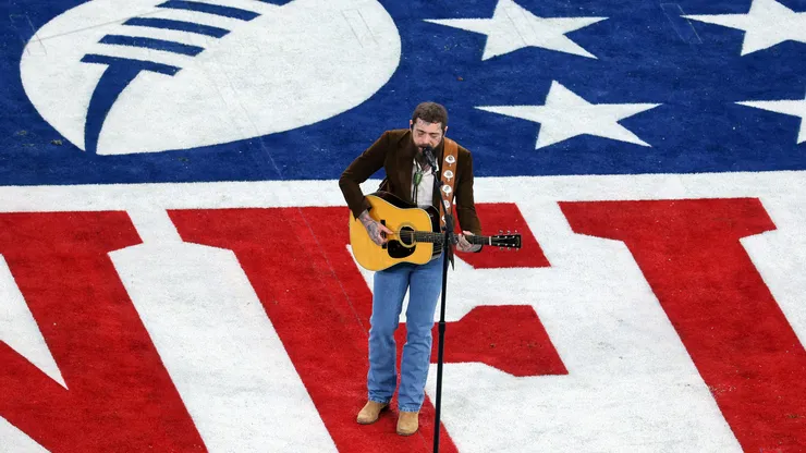 LAS VEGAS, NEVADA - FEBRUARY 11: American rapper and singer Post Malone performs prior to Super Bowl LVIII between the San Francisco 49ers and Kansas City Chiefs at Allegiant Stadium on February 11, 2024 in Las Vegas, Nevada. (Photo by Michael Reaves/Getty Images)