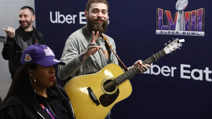 LAS VEGAS, NEVADA - FEBRUARY 11: American rapper and singer Post Malone reacts before Super Bowl LVIII at Allegiant Stadium on February 11, 2024 in Las Vegas, Nevada. (Photo by Tim Nwachukwu/Getty Images)