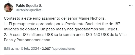 La respuestas en Twitter de Pablo Squella por su gestión previa Santiago 2023. | Foto: Captura. 