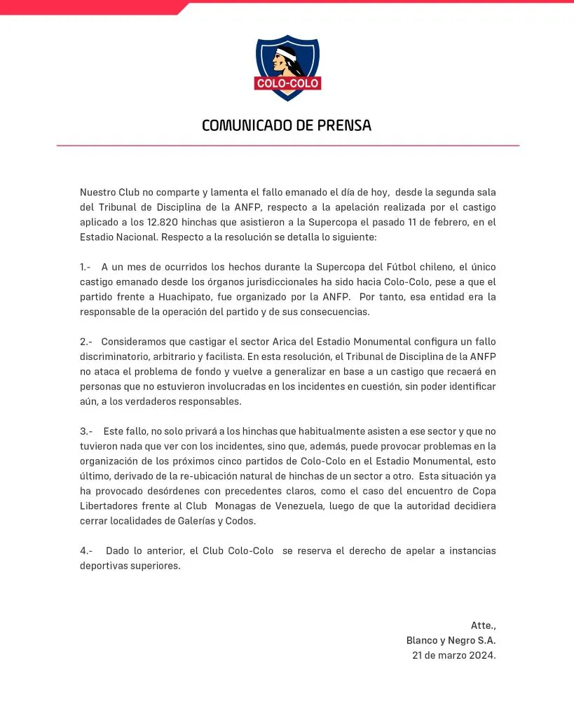 El comunicado de Blanco y Negro.