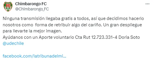 Chimbarongo pide aportes para financiar la transmisión del amistoso contra la U.