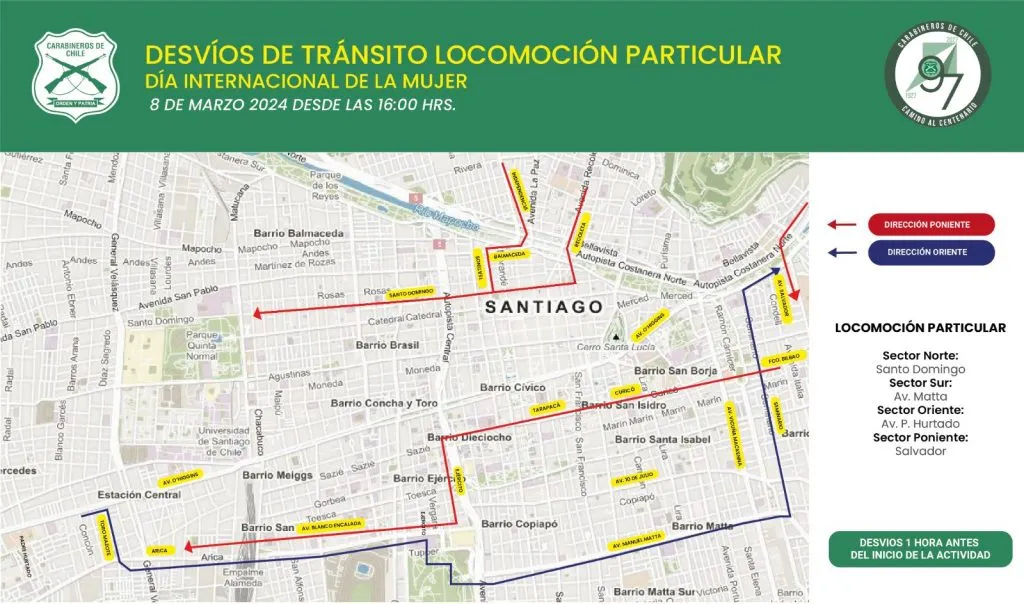 Mapa de desvíos de tránsito de la locomoción particular para la marcha del 8M