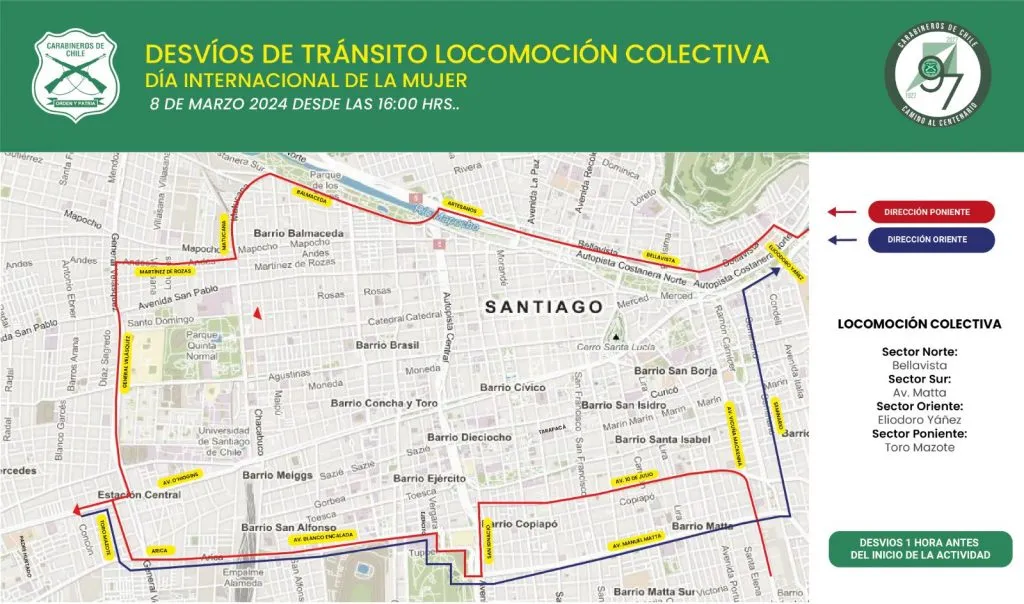 Mapa de desvíos de tránsito de la locomoción colectiva para la marcha del 8M