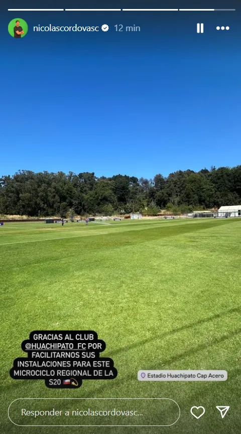 Nicolás Córdova le agradeció a Huachipato por el lugar para entrenar. (Captura Instagram)
