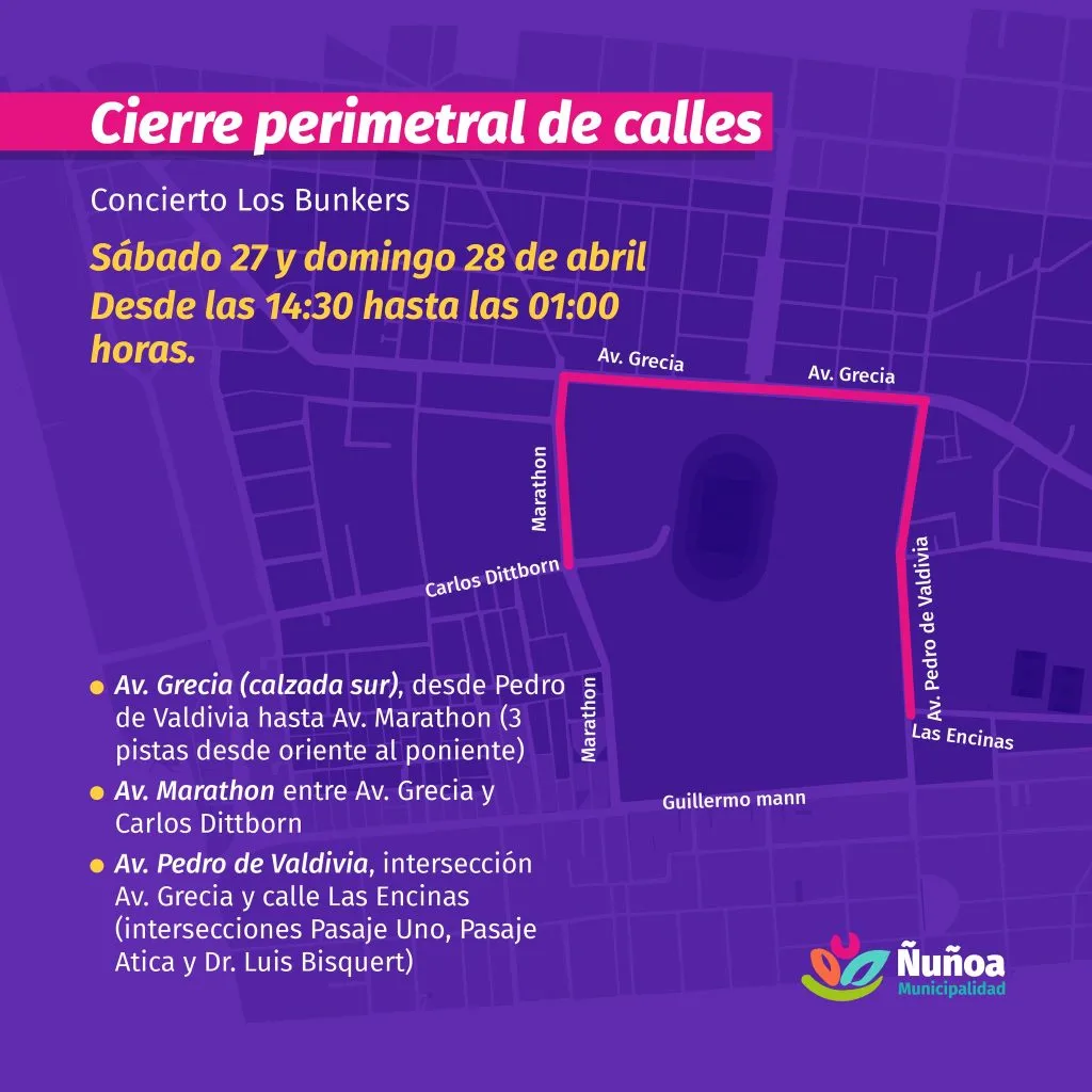 Los cierres de calle por concierto de Los Bunkers. Foto: Muni. de Ñuñoa.