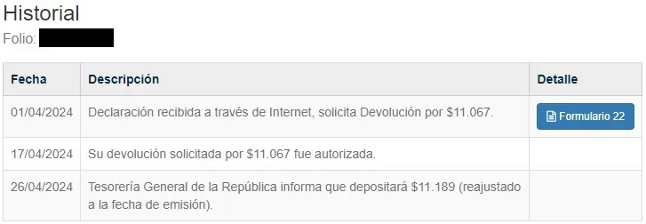 Captura de una consulta en el SII sobre el estado de la devolución de impuestos.

