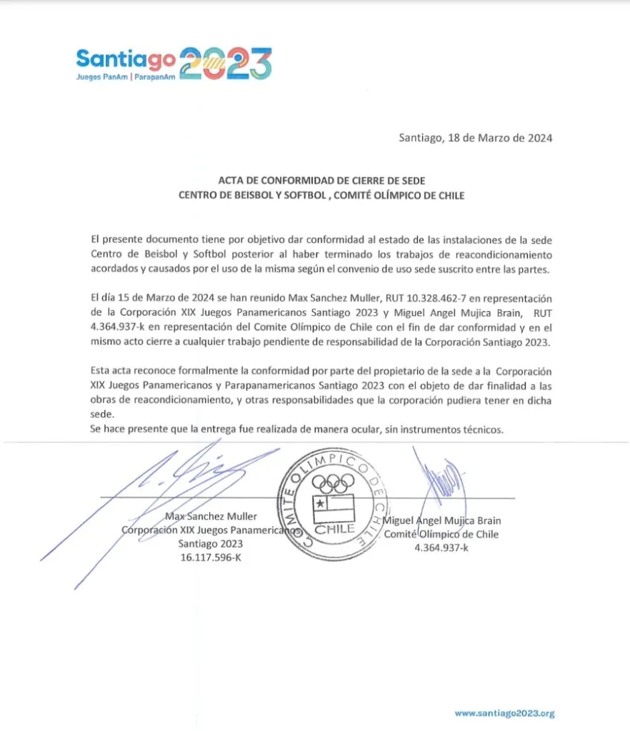 El documento que acredita que la Corporación Santiago 2023 dejó de administrar el Centro de Béisbol y Sóftbol nacional.