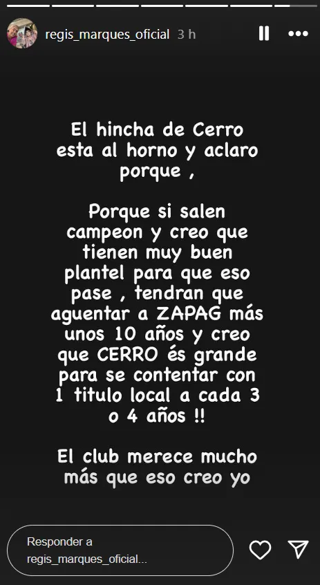 Regis Marques le pegó al presidente de Cerro Porteño. (Captura Instagram).