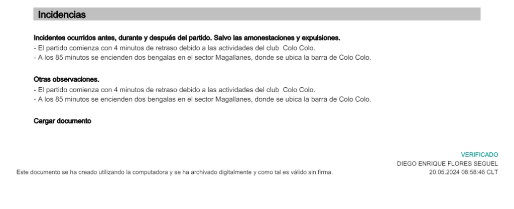 El informe arbitral de Diego Seguel del partido de Colo Colo con Palestino (Captura)