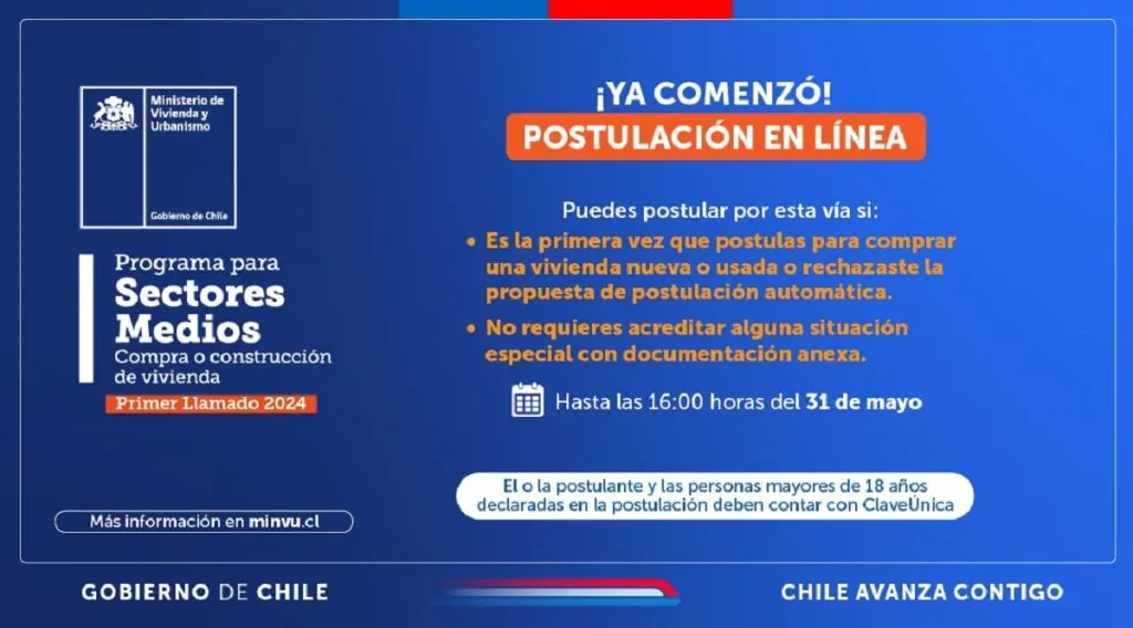Afiche de MINVU que anuncia el inicio de la postulación en línea del Subsidio DS1