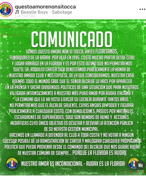 El comunicado de los hinchas de Audax Italiano. | Foto: Captura.