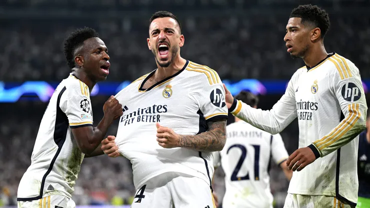 Joselu festeja junto a Vinícius Júnior y Jude Bellingham.