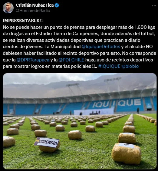 Punto de prensa de decomiso de drogas deja la escoba en Iquique.