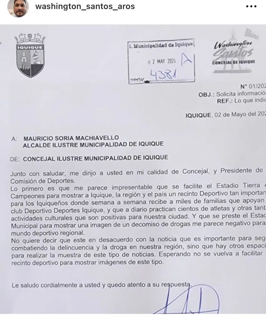 Oficio al alcalde de Iquique.