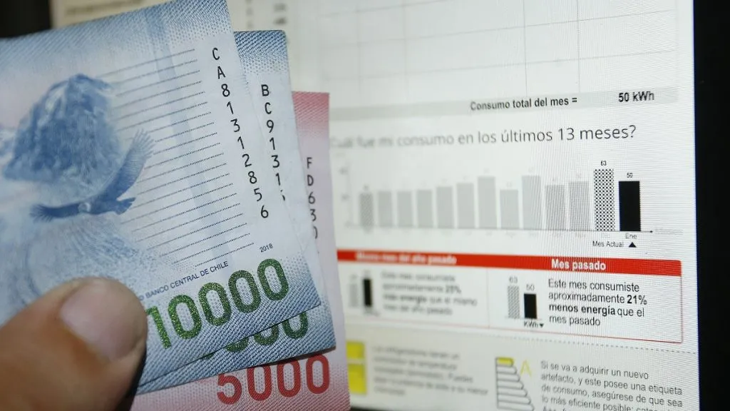 Una persona sostiene unos billetes al lado de una pantalla con de un computador que muestra una boleta de la luz.