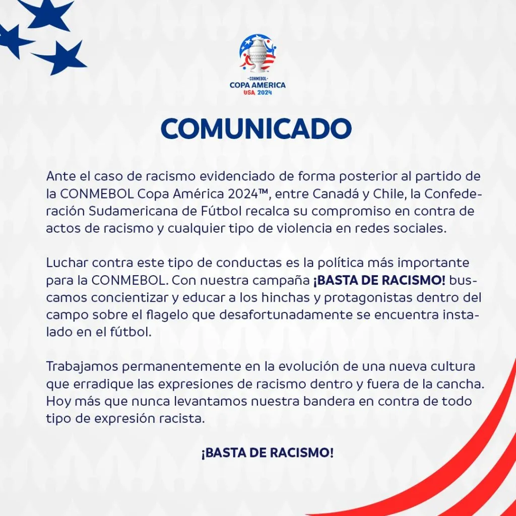 Comunicado por actos de racismo en duelo de Chile ante Canadá (Conmebol)