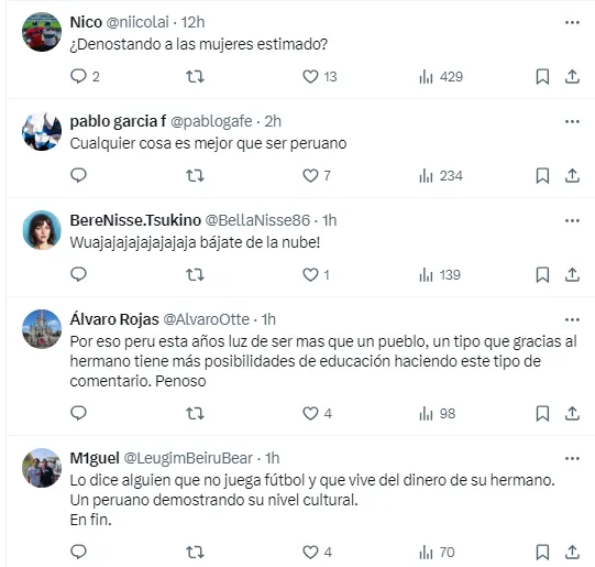 Las respuestas que recibió el hermano del defensor peruano tras su machista comentario. | Foto: Captura.