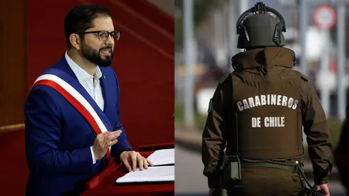 Presidente Gabriel Boric durante la Cuenta Pública 2024 a la izquierda. Efectivo de Carabineros a la derecha.