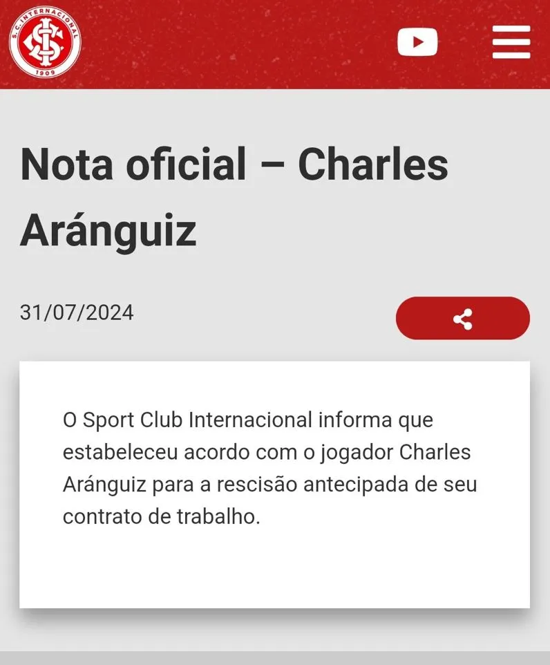 El comunicado oficial de la salida de Charles Aránguiz (Inter de Porto Alegre)
