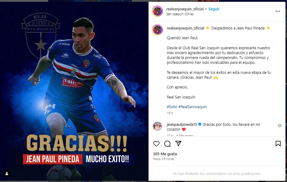 El mensaje con que Real San Joaquín despidió a Jean Paul Pineda. | Foto: Captura.